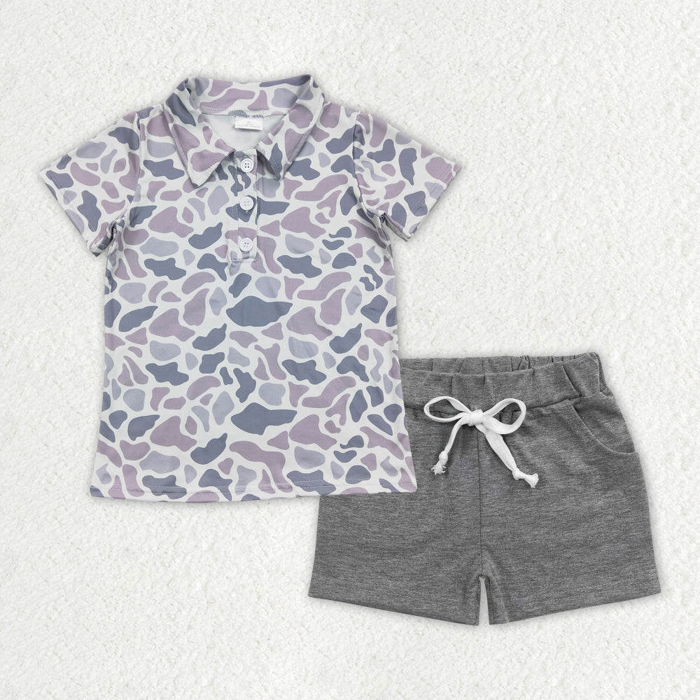 BSSO1385Boys Grey Camo Short Sleeve Polo Shirt Cotton Shorts Set Casual Fashion Junior Clothing