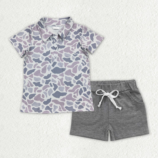 BSSO1385Boys Grey Camo Short Sleeve Polo Shirt Cotton Shorts Set Casual Fashion Junior Clothing