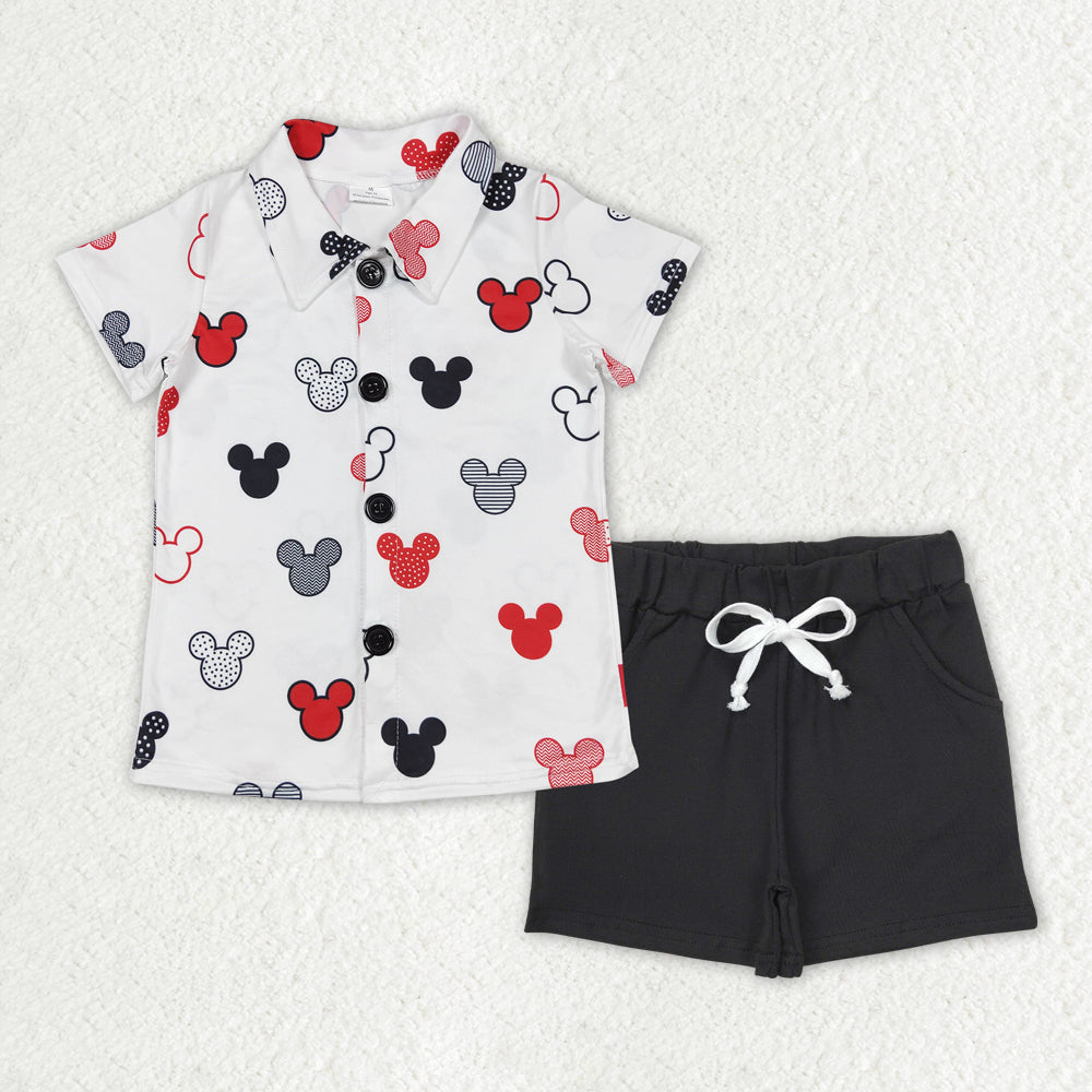 BSSO1386Boys Black Button down Shirt Mouse Print Shorts Set Casual Kids' Outfit