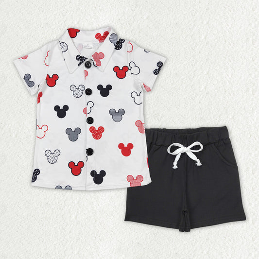 BSSO1386Boys Black Button down Shirt Mouse Print Shorts Set Casual Kids' Outfit