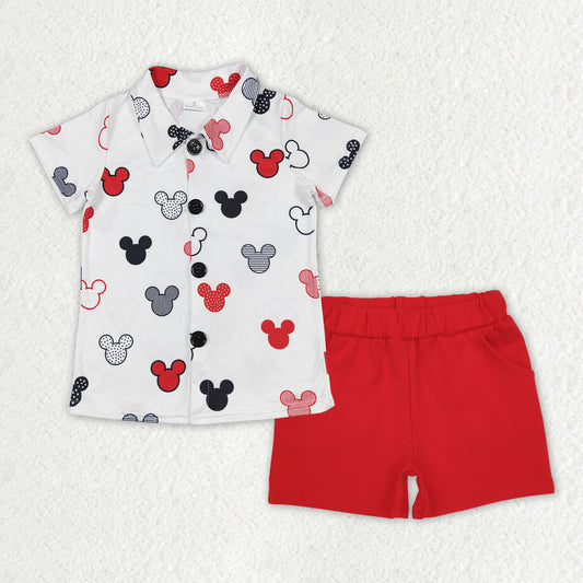 BSSO1387Red Mouse Button down Shirt Shorts Set Boys Clothing Casual Kids Outfits