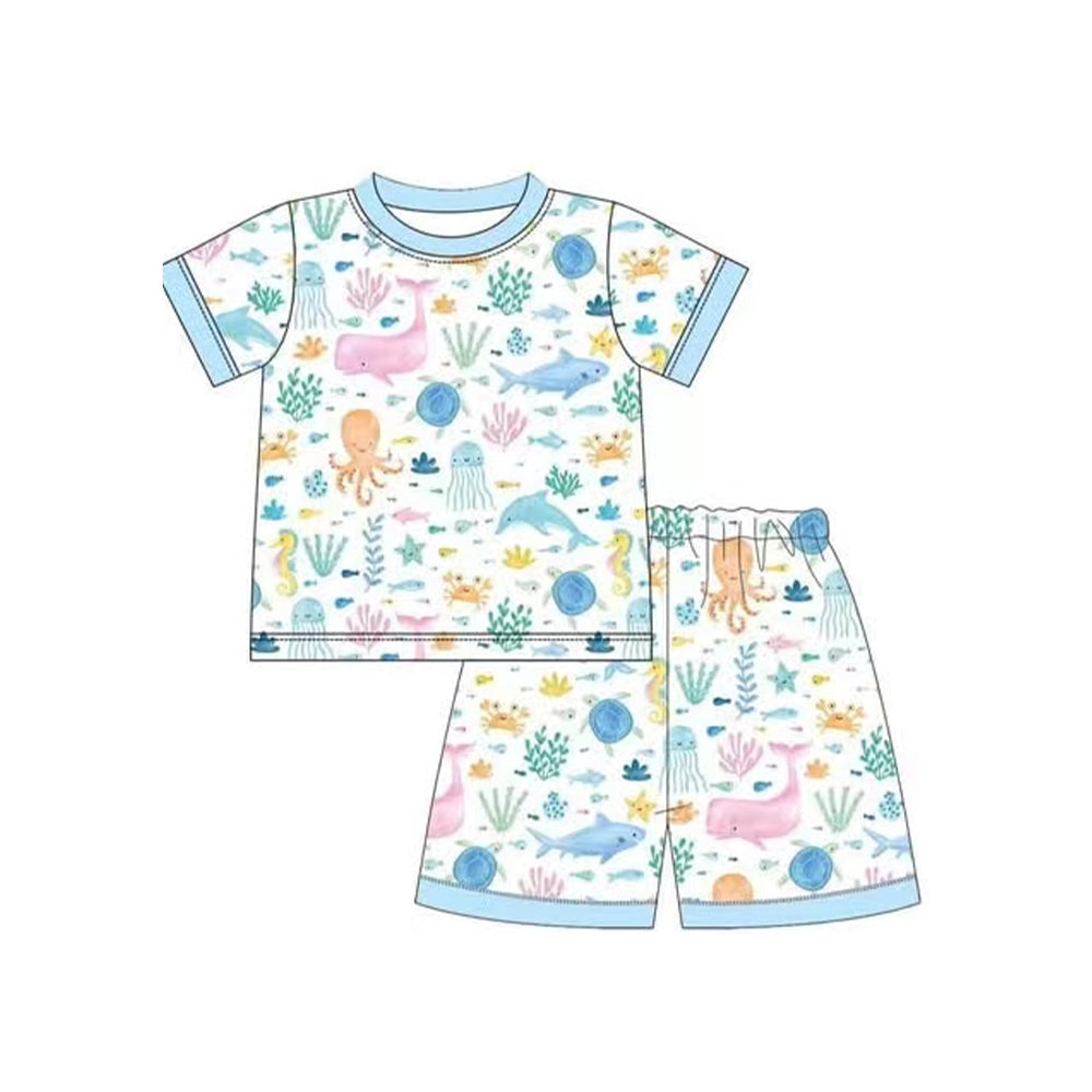 Girls Pink Short Sleeve Summer Pajamas Octopus Turtle Fish Fun Print Comfortable Sleepwear for Kids