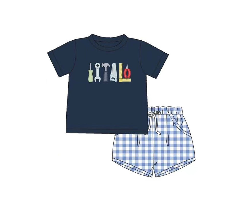 Kids Boys Plaid Shorts Set with Navy Top - Clothing Outfit for Children