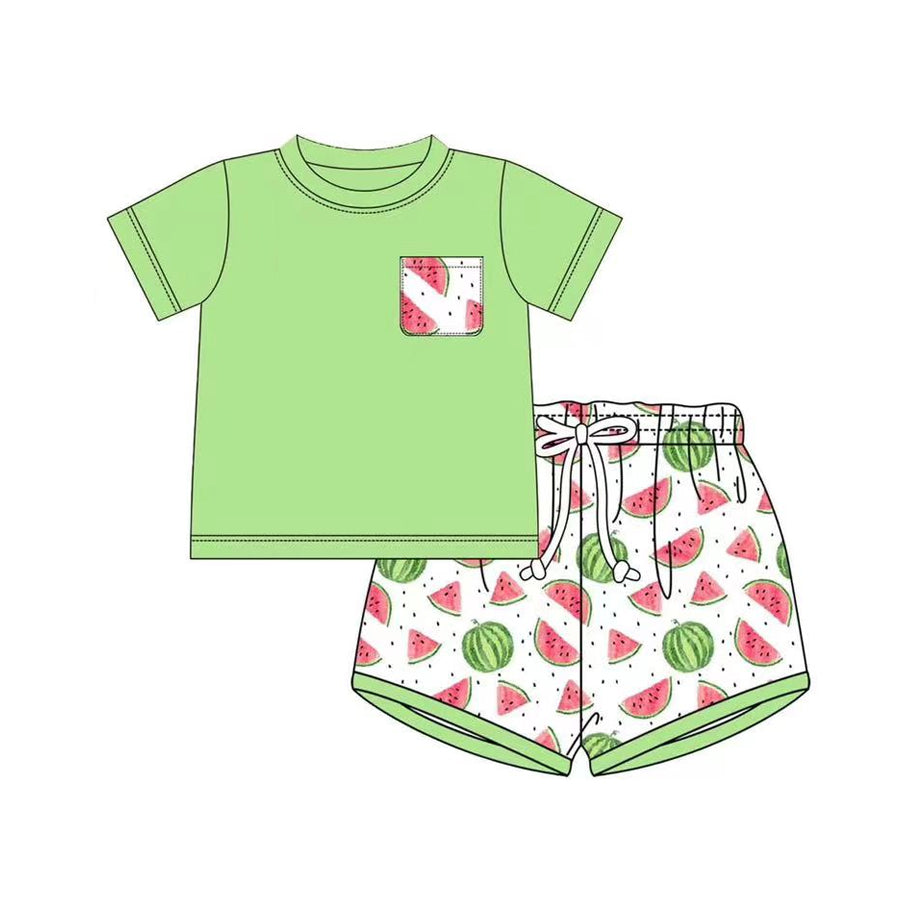Girls Green Sleeveless Watermelon Print Top with Ruffle Shorts Summer Clothing Set for Kids