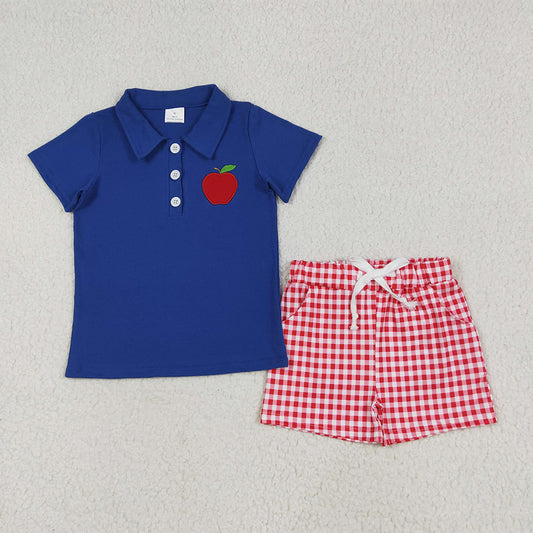 BSSO1397 RTS NO MOQ Baby Boys Summer Boys Outfits Embroidery Baby Boys Hot Navy Short Sleeves Button Down Apple Top Red Plaid Pockets Short Set