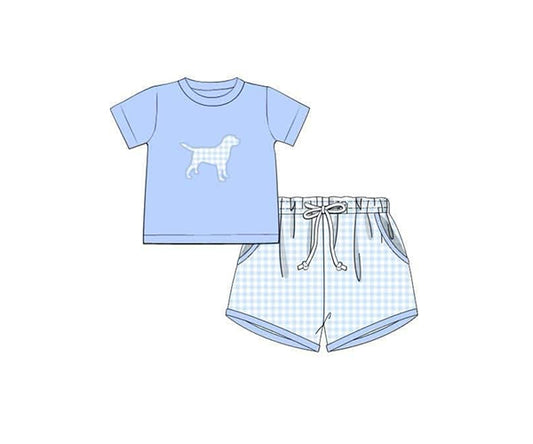 BSSO1398Light Blue Plaid Dog Top Shorts Set Boys Summer Clothing 2 Pieces Polyester Spring Autumn Wear for Active Kids