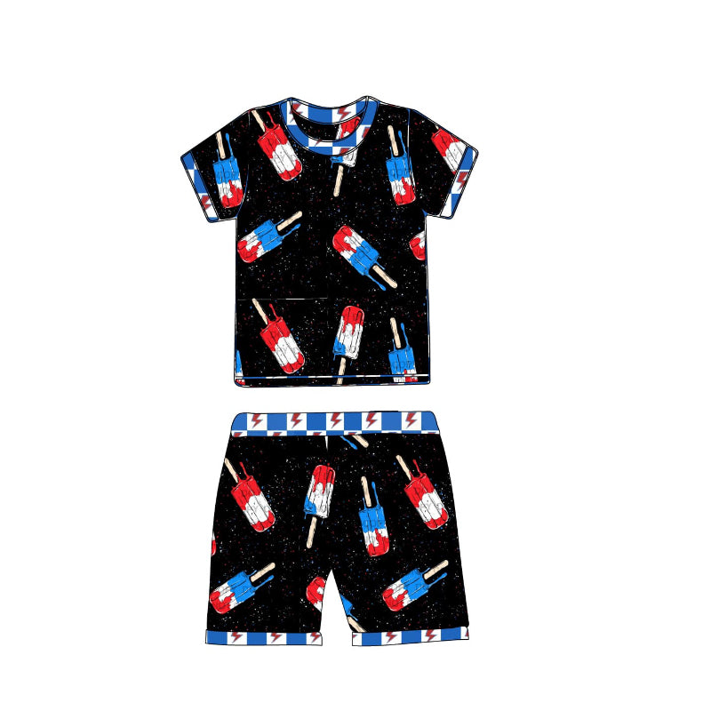 Kids Boys Black Short Sleeve Pajamas Fourth of July Popsicle Theme Sleepwear for Children