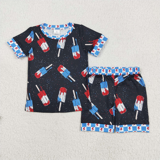 BSSO1401 RTS NO MOQ Baby Boys Summer Boys Outfits Baby Boys Black Short Sleeves Popsicle Shirt Shorts 4th Of July Pajamas Sets