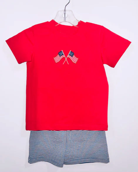 Girls Red White And Blue Stripe Tunic Top with Flag Pattern And Red White And Blue Shorts Outfit Set for 4th of July