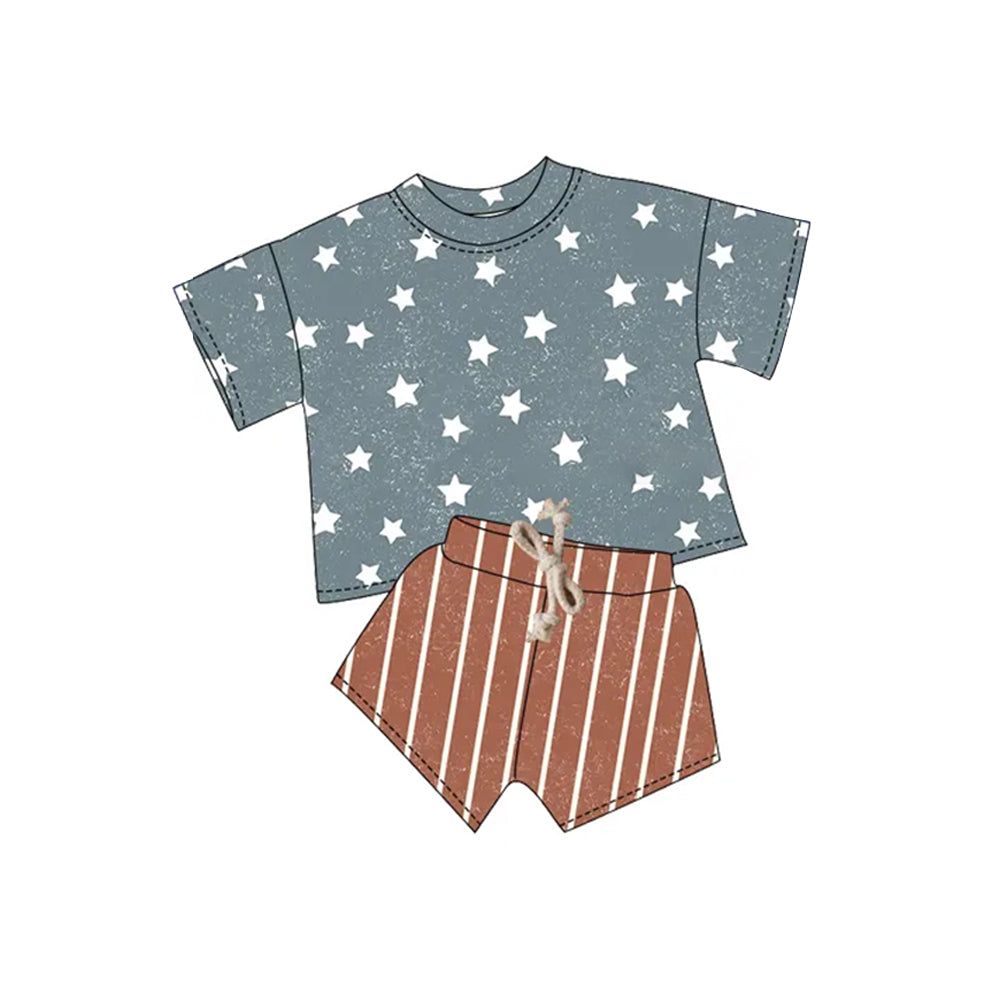 Boys 4th of July Outfits Blue Stars Top Stripe Shorts Set Patriotic USA Theme Clothing for Kids