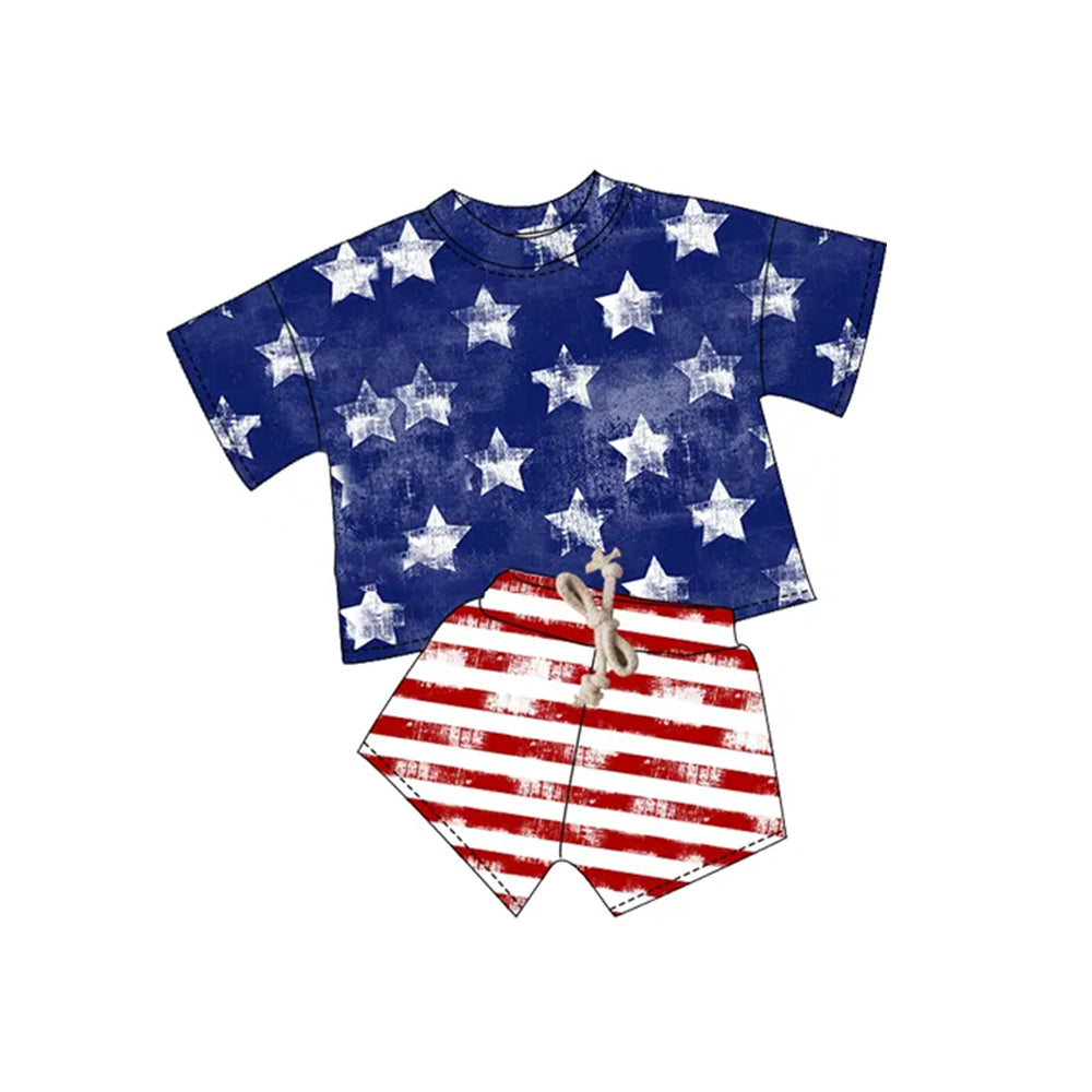 Boys 4th of July Outfits Blue Stars Top Stripe Shorts Set Patriotic USA Theme Clothing for Kids