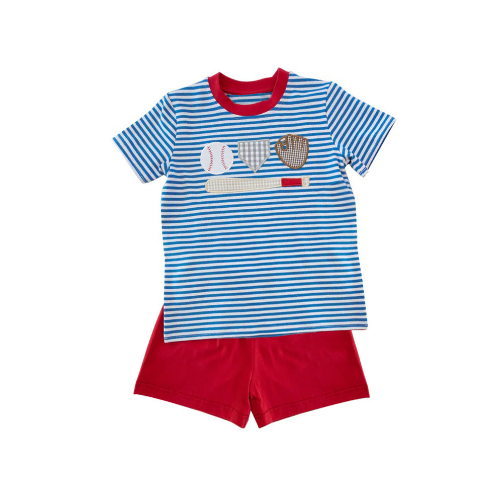 Girls Blue Stripe Baseball Top with Red Ruffle Shorts Outfit Set Casual Comfortable Clothing for Kids