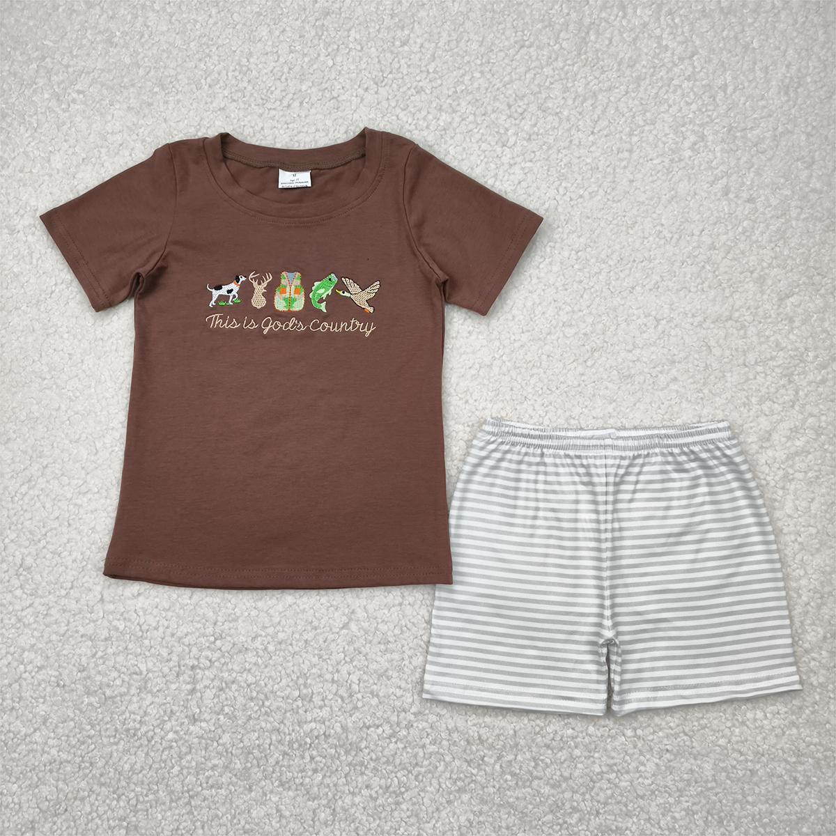 BSSO1410RTS NO MOQ Baby Boys Summer Boys Outfits Embroidery Baby Boys Brown Short Sleeves Gods Country Shirt Stripe Shorts Sets