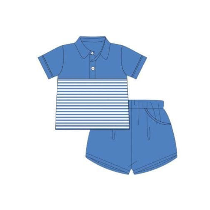 Boys Green Short Sleeve Stripe Polo Top with Shorts Set - Casual Comfortable Children's Outfit