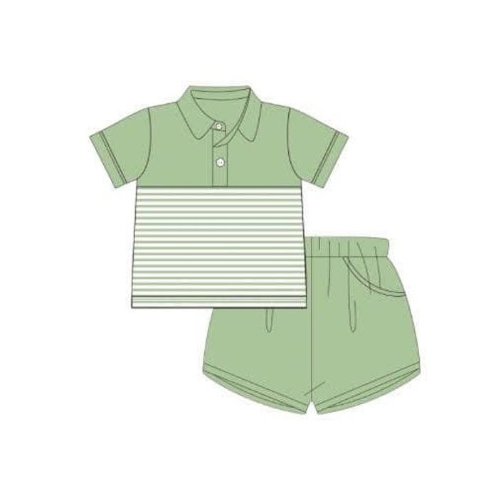 Boys Green Short Sleeve Stripe Polo Top with Shorts Set - Casual Comfortable Children's Outfit