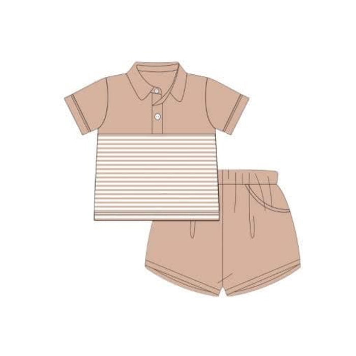 Boys Green Short Sleeve Stripe Polo Top with Shorts Set - Casual Comfortable Children's Outfit