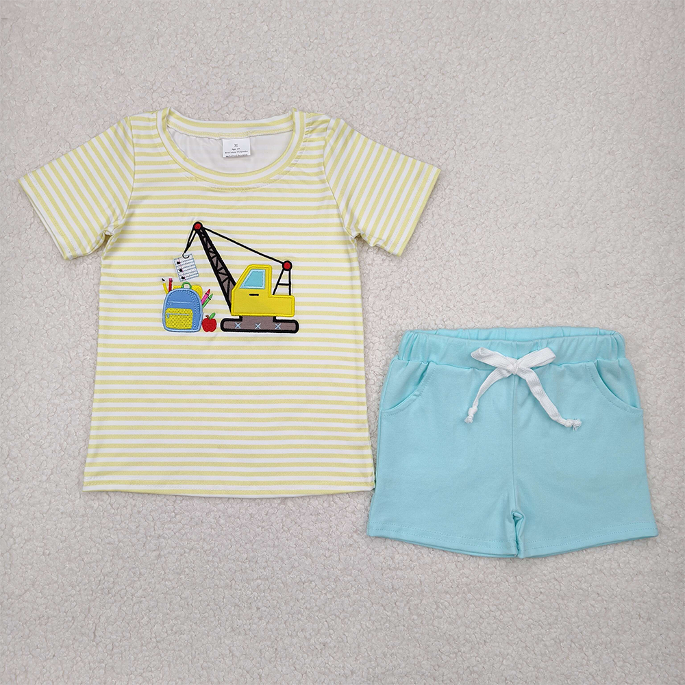 BSSO1417RTS NO MOQ Baby Boys Summer Boys Outfits  Constructions apple book top shorts boys back to school clothes