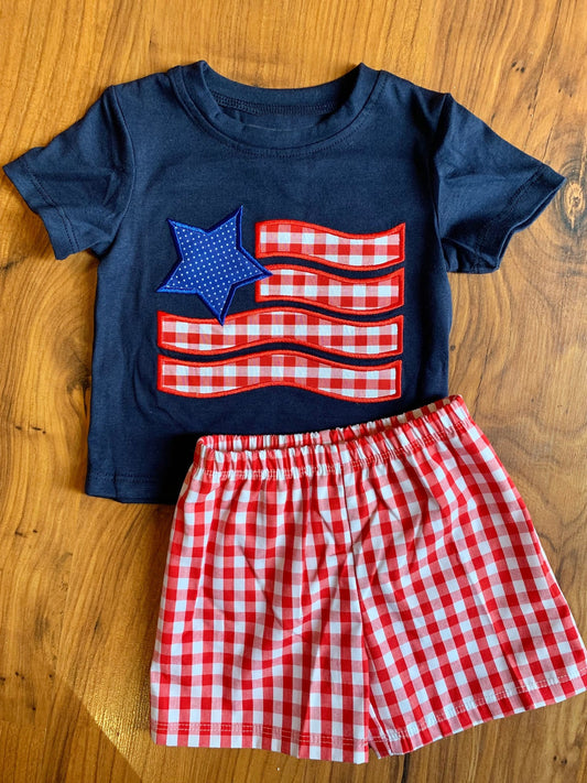 BSSO1419Boys Navy Stars Plaid Flag Top Shorts Outfit 4th of July Patriotic Clothing Set
