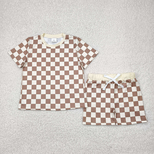 BSSO1422RTS NO MOQ  Baby Boys Summer Boys Outfits Khaki Plaid Baby Kids Summer Clothing Short Sleeve Comfortable Soft Polyester Square Patterned Romper for Infants