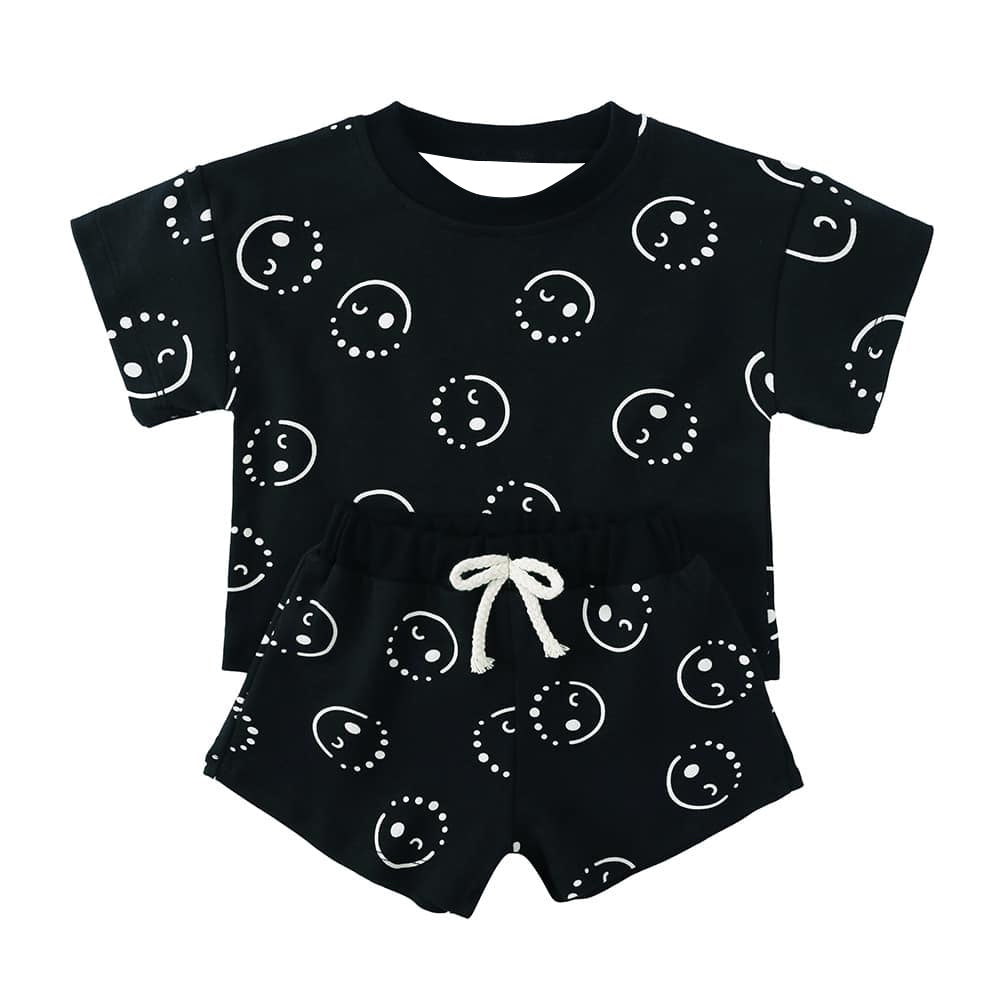 BSSO1424Smiley Face Black Short Sleeve Baby Kids Summer Clothing Infantwear Comfortable Breathable Summer Romper for Boys And Girls