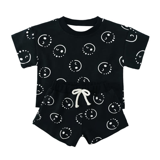 BSSO1424Smiley Face Black Short Sleeve Baby Kids Summer Clothing Infantwear Comfortable Breathable Summer Romper for Boys And Girls