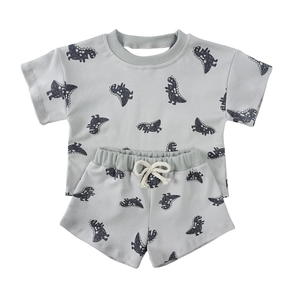 BSSO1427Grey Dinosaur Short Sleeve Baby Kids Summer Clothing Soft Cotton Toddler Boys Girls Clothes Comfortable Summer Outfit