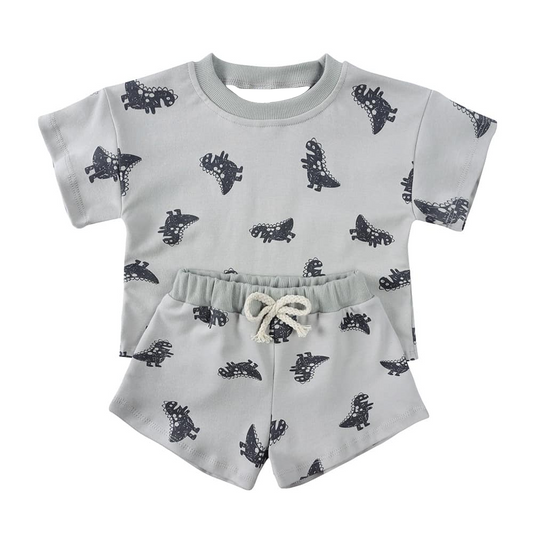 BSSO1427Grey Dinosaur Short Sleeve Baby Kids Summer Clothing Soft Cotton Toddler Boys Girls Clothes Comfortable Summer Outfit