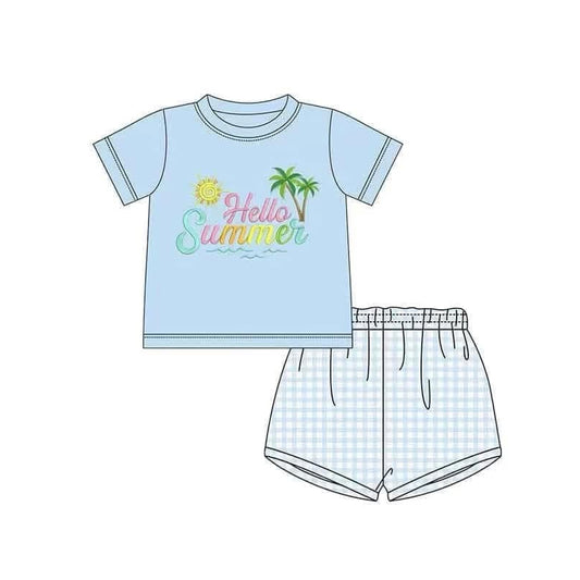BSSO1428Boys Plaid Shorts Hello Summer Sunshine Top Kids Clothing Checkered Pants for Boys Spring Summer Outfits