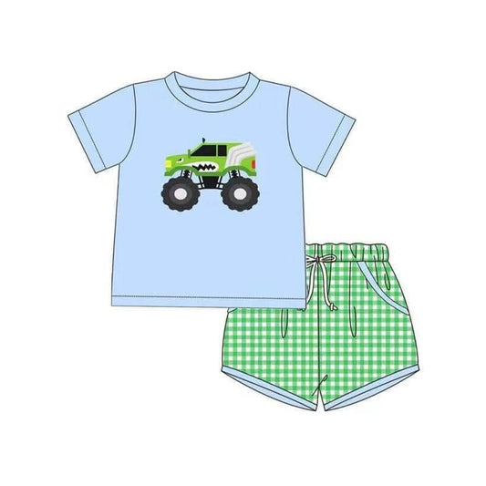 BSSO1429Boys Green Plaid Short Sleeve Truck Top Matching Shorts Set Casual Children's Clothing Outfit