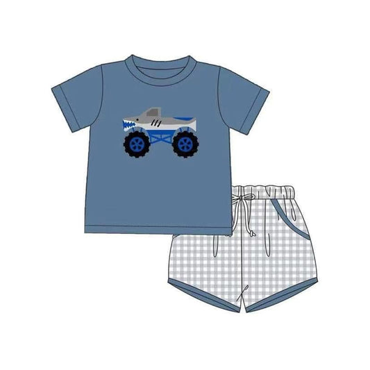 BSSO1430Short sleeves shark truck top grey plaid shorts boys clothes