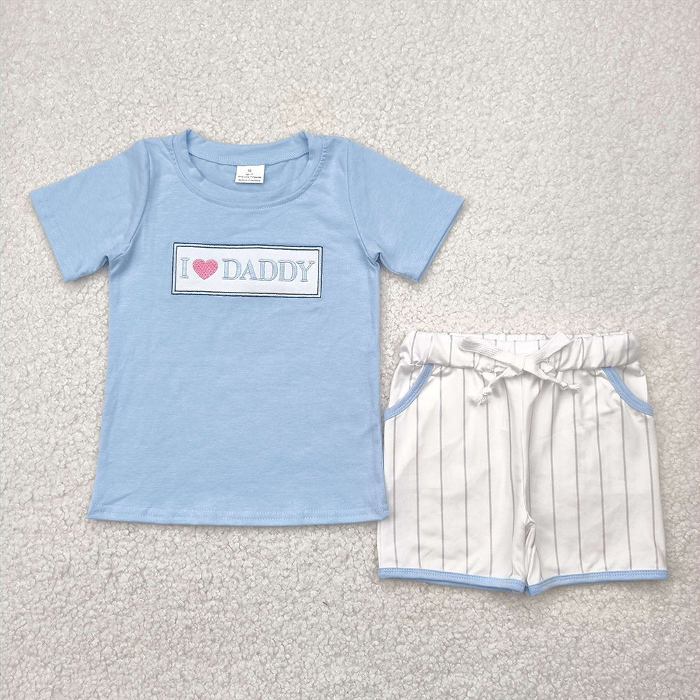 7.19 BSSO1434 RTS NO MOQ Baby Boys Summer Boys Outfits Embroidery Baby Boys Blue Short Sleeves I LOVE DADDY Top Stripe Pockets Short Set