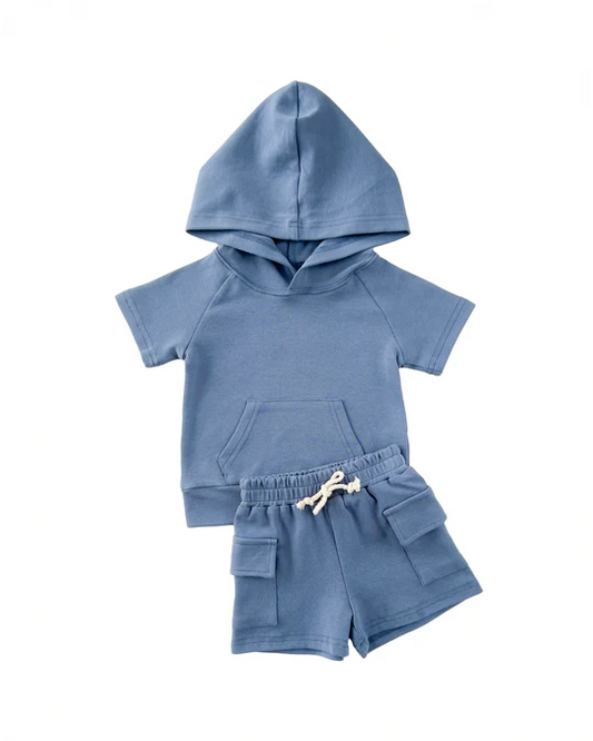 BSSO1438 Pre order  Light Blue Short Sleeve Hoodie Shorts Set for Kids Boys Comfortable Breathable Casual Clothing