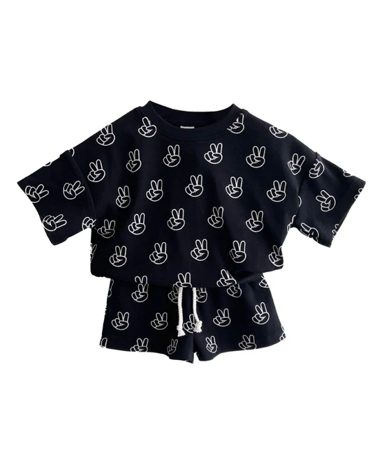 BSSO1440 Pre order  Kids Boys Summer Peace Print T-Shirt Black Short Sleeve Casual Fashion for Children