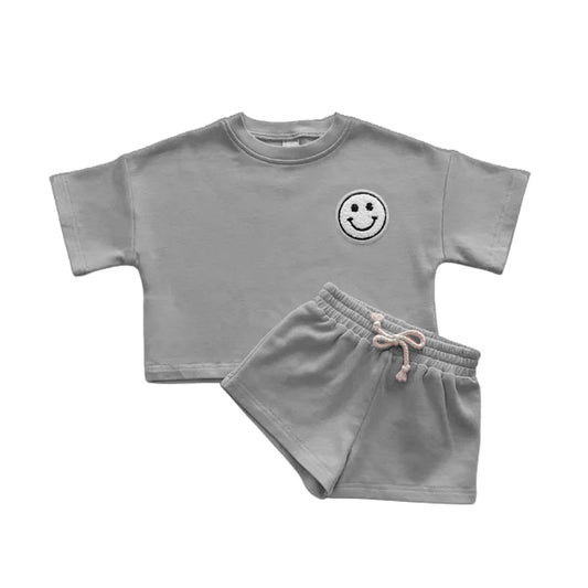 BSSO1443 Pre order  Grey Short Sleeve Smile Print Top with Shorts Baby Kids Clothing Set Comfortable Breathable Two-Piece Outfit for Children