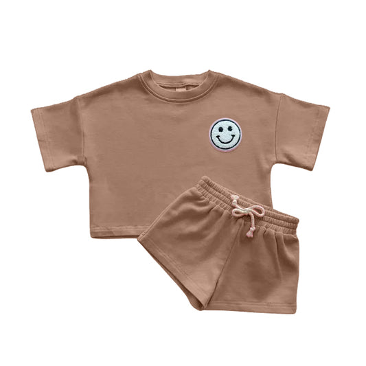 BSSO1444 Pre order  Brown short sleeves smile top shorts baby kids clothes