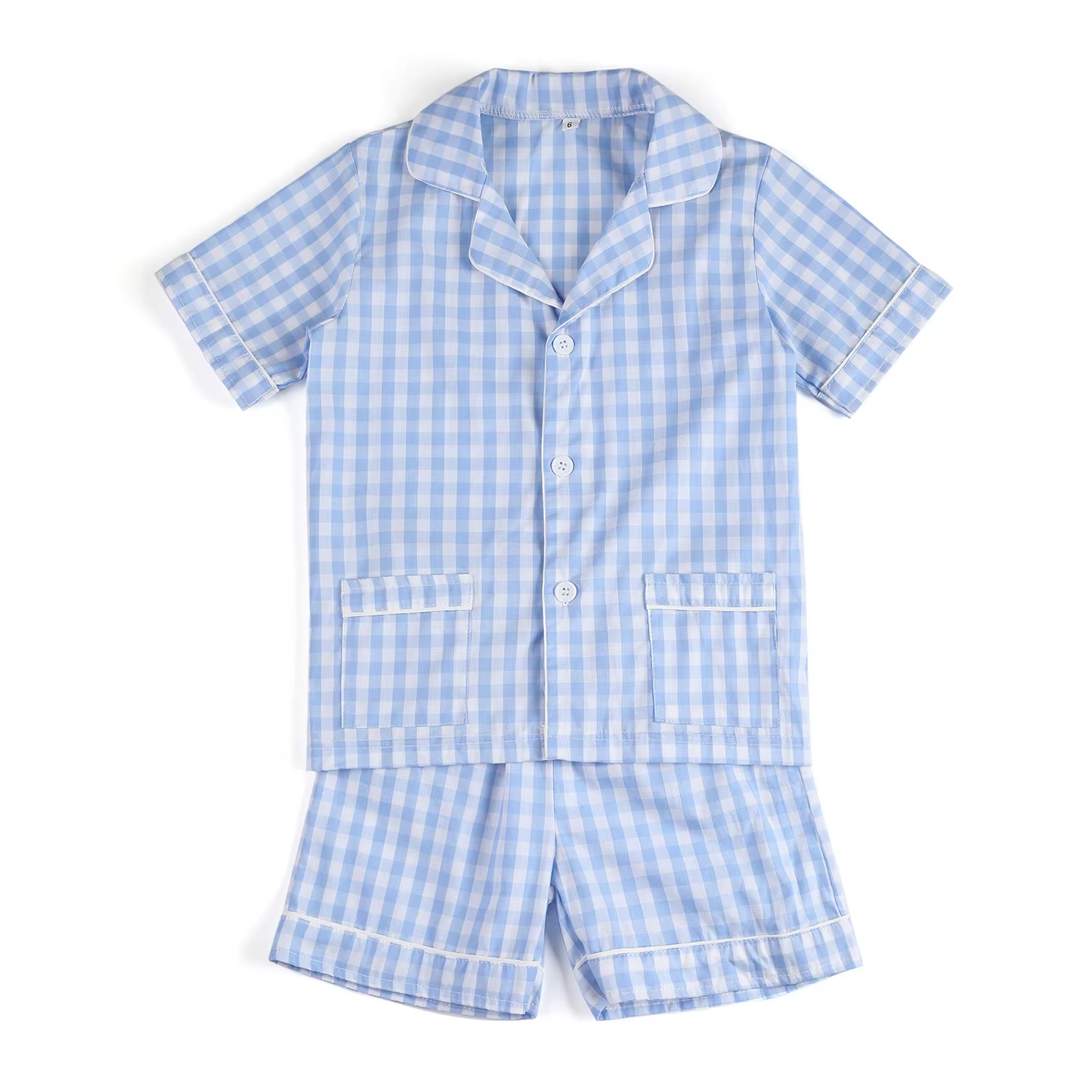 BSSO1446 Pre order Light blue plaid pockets baby kids button down pajamas