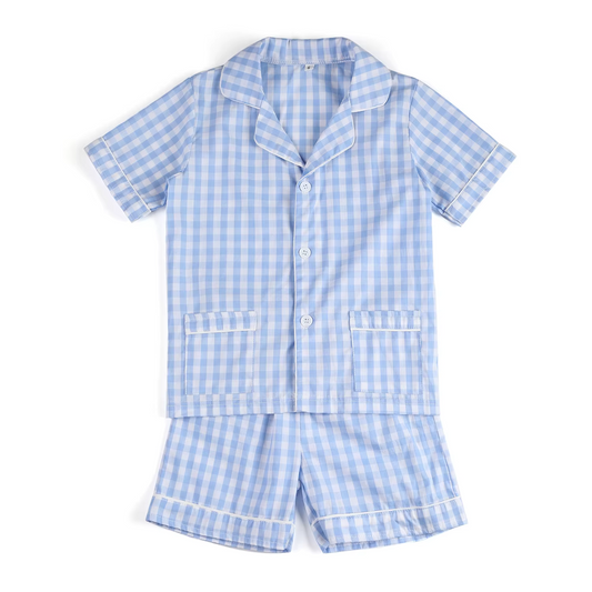 BSSO1446 Pre order Light blue plaid pockets baby kids button down pajamas