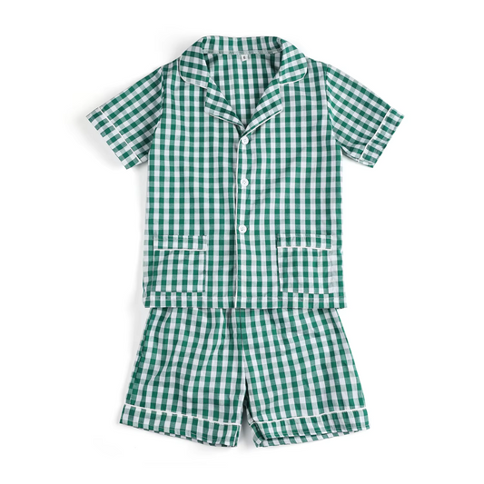 BSSO1447 Pre order Green plaid pockets baby kids button down pajamas