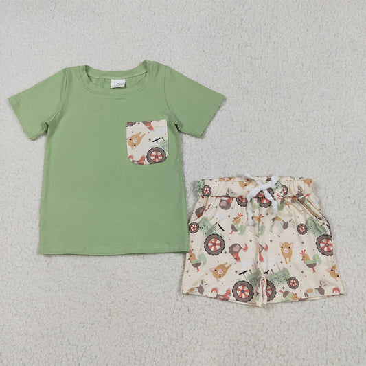 7.14  BSSO1460RTS NO MOQ Baby Boys Summer Boys Outfits Baby Boys Pocket Top Chicks Pigs Short Farm Set