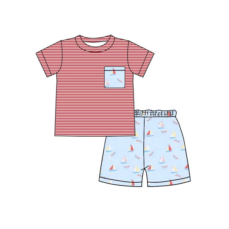 4.12 pre order Baby Boys Summer Red Striped Top Sailboat Shorts Set