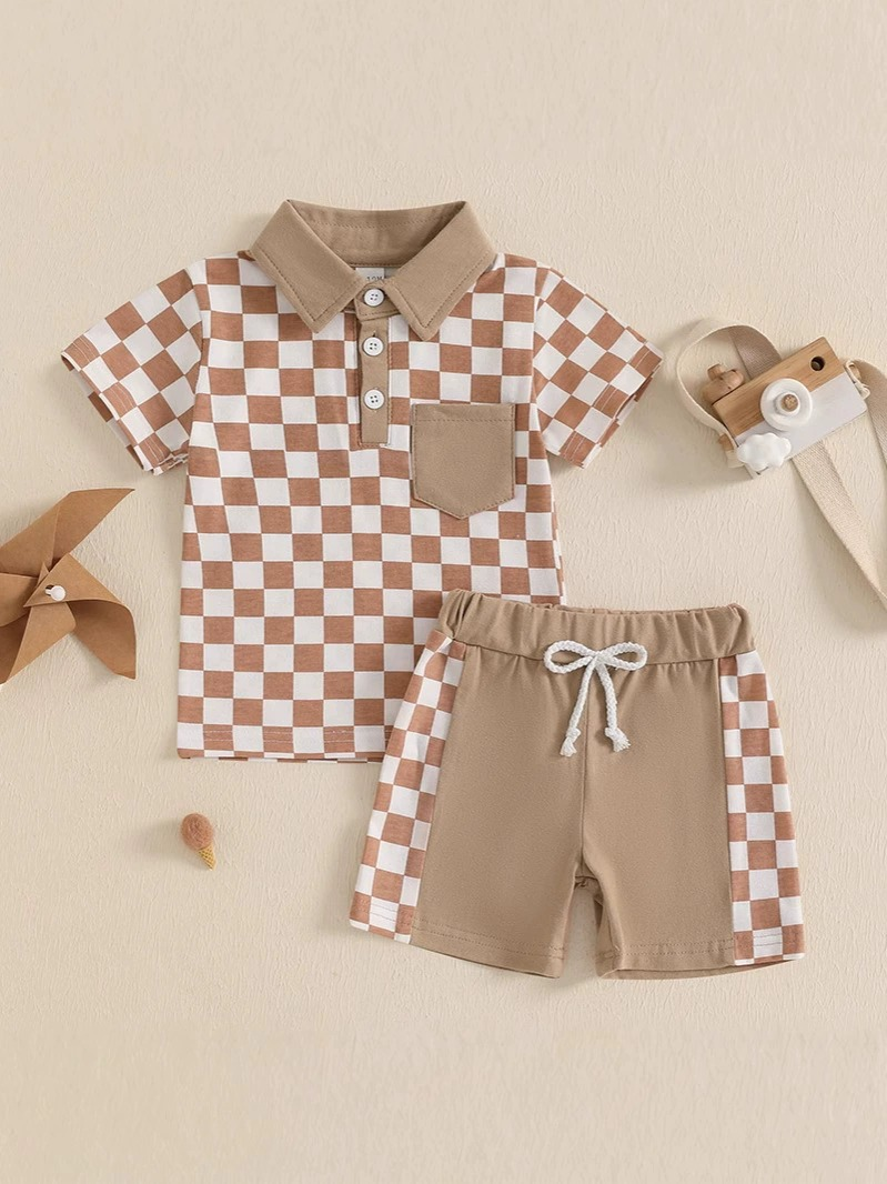 6.12  Pre order Baby Boys Blue Plaid Button Pocket Top Short Set