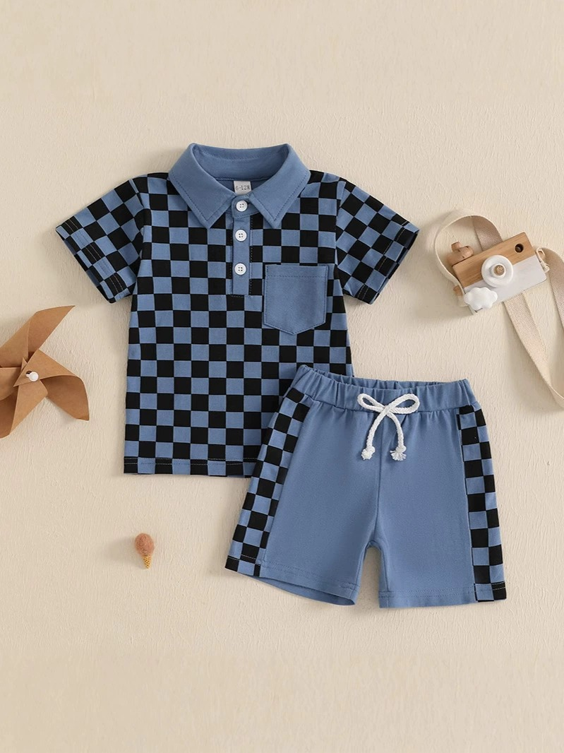 6.12  Pre order Baby Boys Blue Plaid Button Pocket Top Short Set