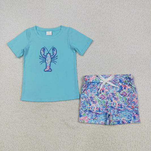 RTS NO MOQ （In stock）BSSO1479 Baby Boys Summer Boys Outfits Embroidery Baby Boys Blue Crayfish Top Pockets Short Sets