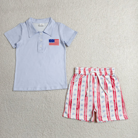 BSSO1480 RTS NO MOQ （In stock)）Flag polo shirt stripe stars shorts boys 4th of july clothes