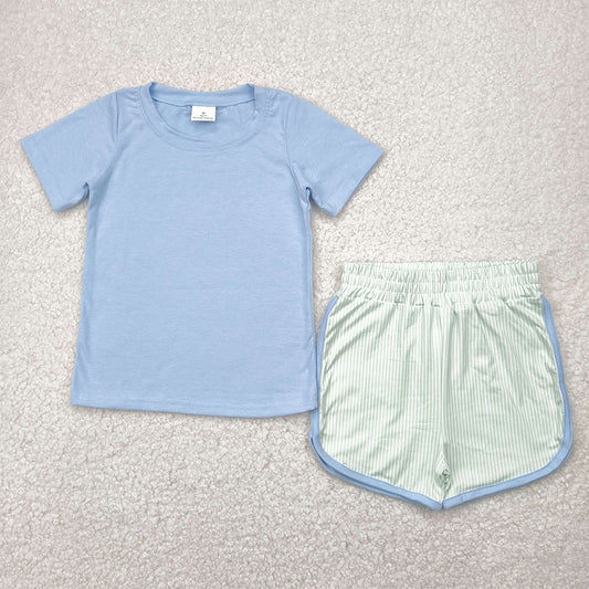 BSSO1481 RTS NO MOQ Baby Boys Summer Boys Outfits Baby Boys Summer Blue Top Green Shorts Set