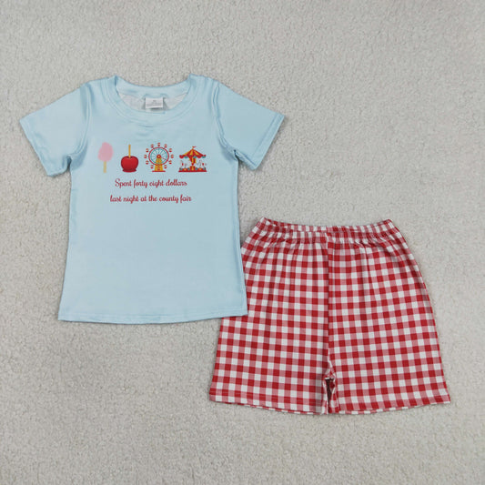 3.12 RTS NO MOQ （In stock）BSSO1482 Kids Clothing for Baby Boys Blue Short Sleeves Parks Top Red Plaid Short Clothes Set