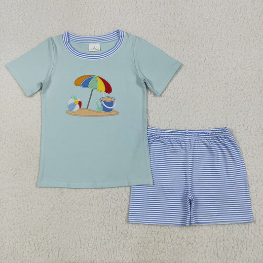 8.18   BSSO1485 RTS NO MOQ Baby Boys Summer Boys Outfits Embroidery Baby Boys Short Sleeves Beach Top Blue Stripe Short Set