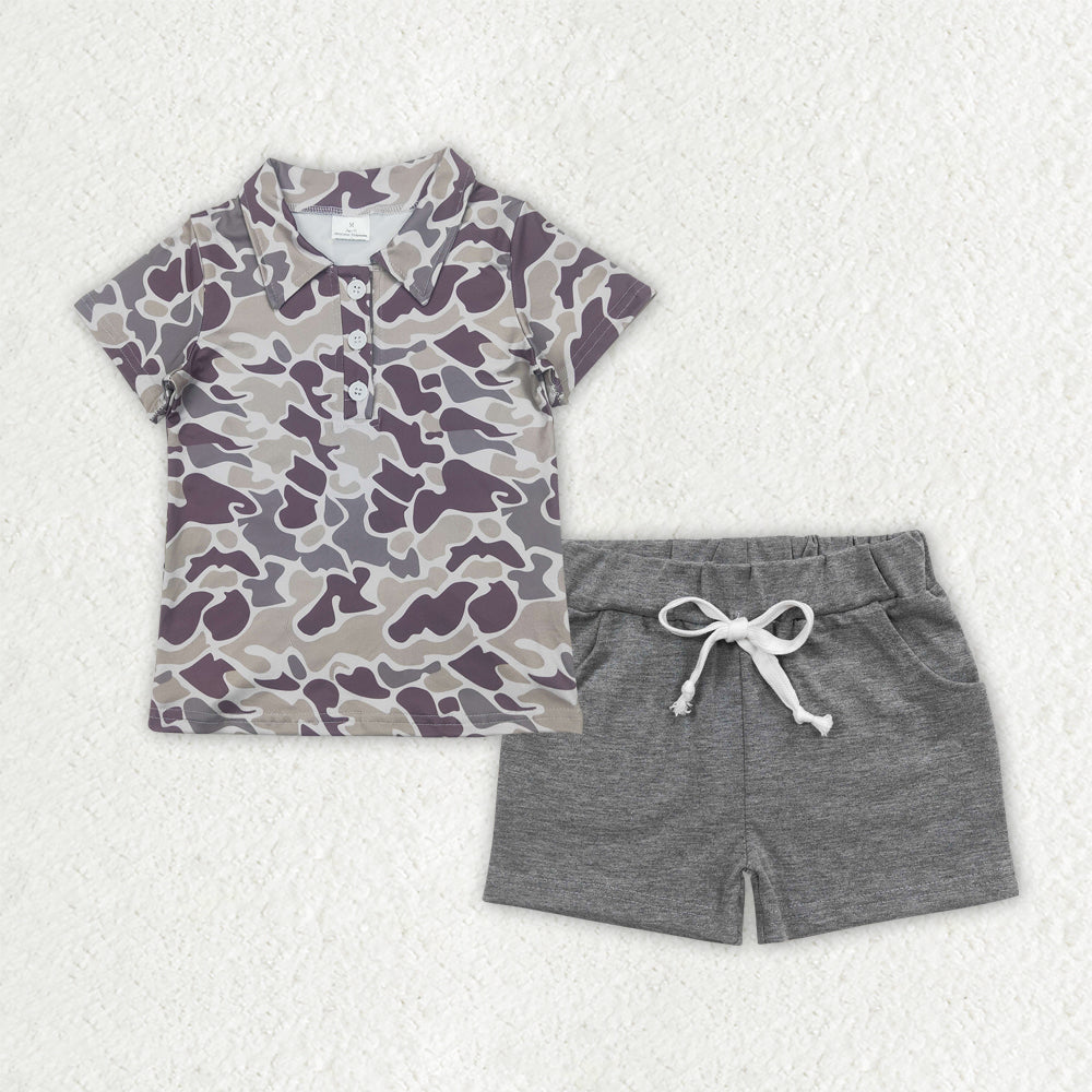 6.19 BSSO1490 RTS NO MOQ Baby Boys Summer Boys Outfits Baby Boys Grey Camouflage Top Brown Shorts Set