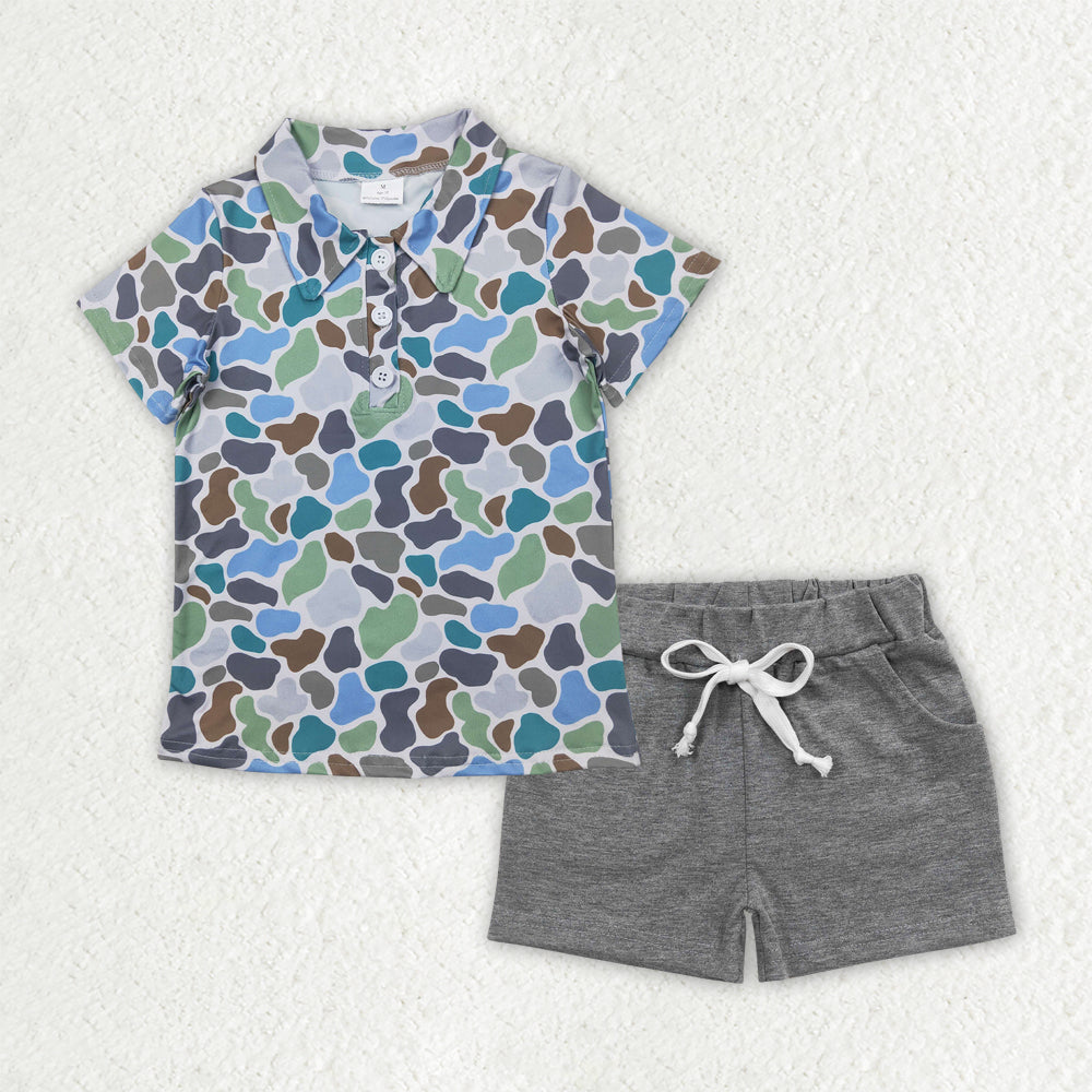 6.19 BSSO1491 RTS NO MOQ Baby Boys Summer Boys Outfits Baby Boys Blue Camouflage Top Grey Shorts Set