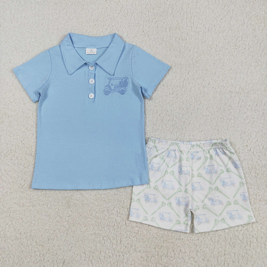 BSSO1494 RTS NO MOQ Baby Boys Summer Boys Outfits Embroidery Baby Boys Blue Short Sleeves Button Golf Top Pocket Short Set